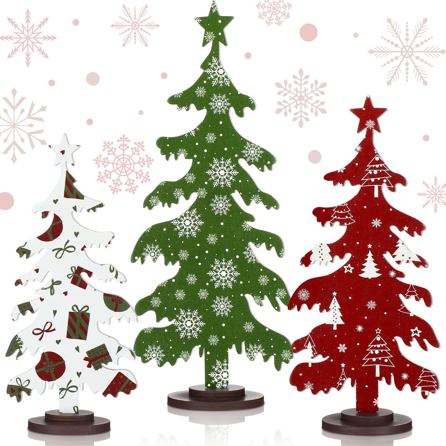 Huwena 3 Pcs Wooden Christmas Tree Tabletop Decorations, White, Red and Green Rustic Wood Christmas Tree Small Pine Tree Table Centerpieces Wooden Block Signs for Table Shelf Decor