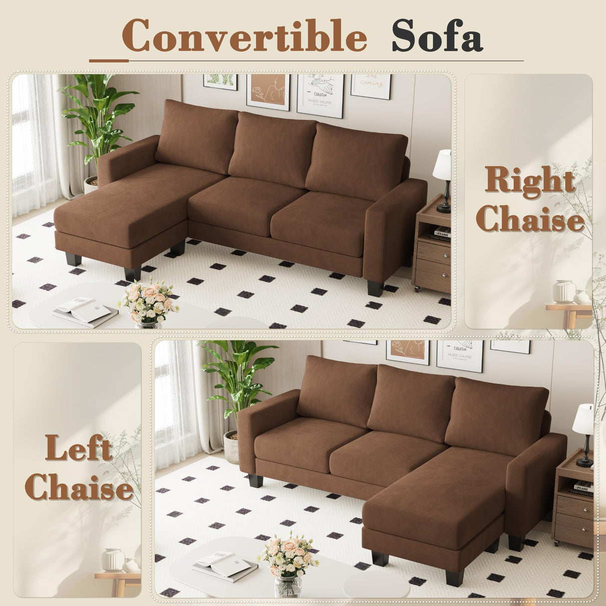 Homall Sofa for Living Room, Couch with Convertible Chaise, 3 Seat L-Shaped Sofas, Comfy Fabric Couches for Apartment, Small Space, Elegant Brown Homall