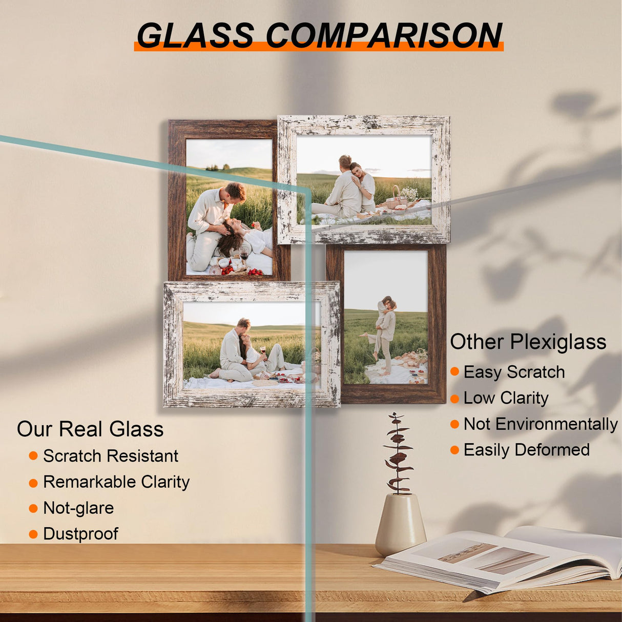 YESKAY 4x6 Collage Picture Frames, Multi Family Photo Frame with Real Glass, Displays Four 4x6 Photo, Wall Decor Wall Hanging or Tabletop, Distressed White+Rustic Brown YESKAY