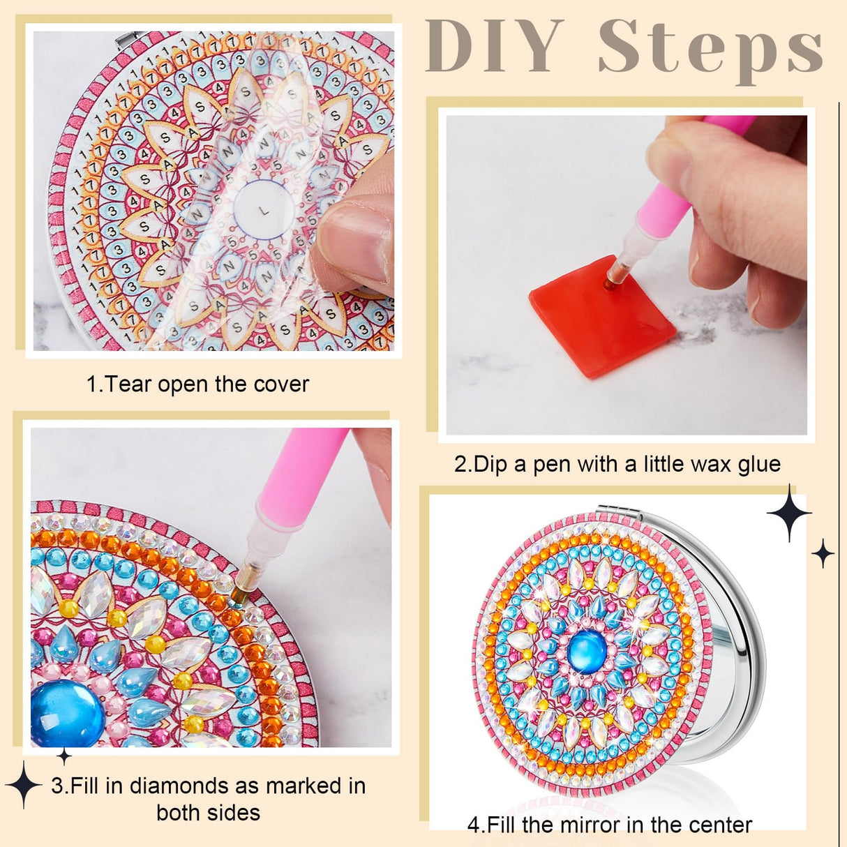 Kigley 12 Pcs Mandala Makeup Diamond Painting Mirror DIY Pocket Mirror Compact Diamond Art Kits for Adults Portable Crystal Magnifying Folding Purse Mirror for Beginners Women Man Crafts Kigley