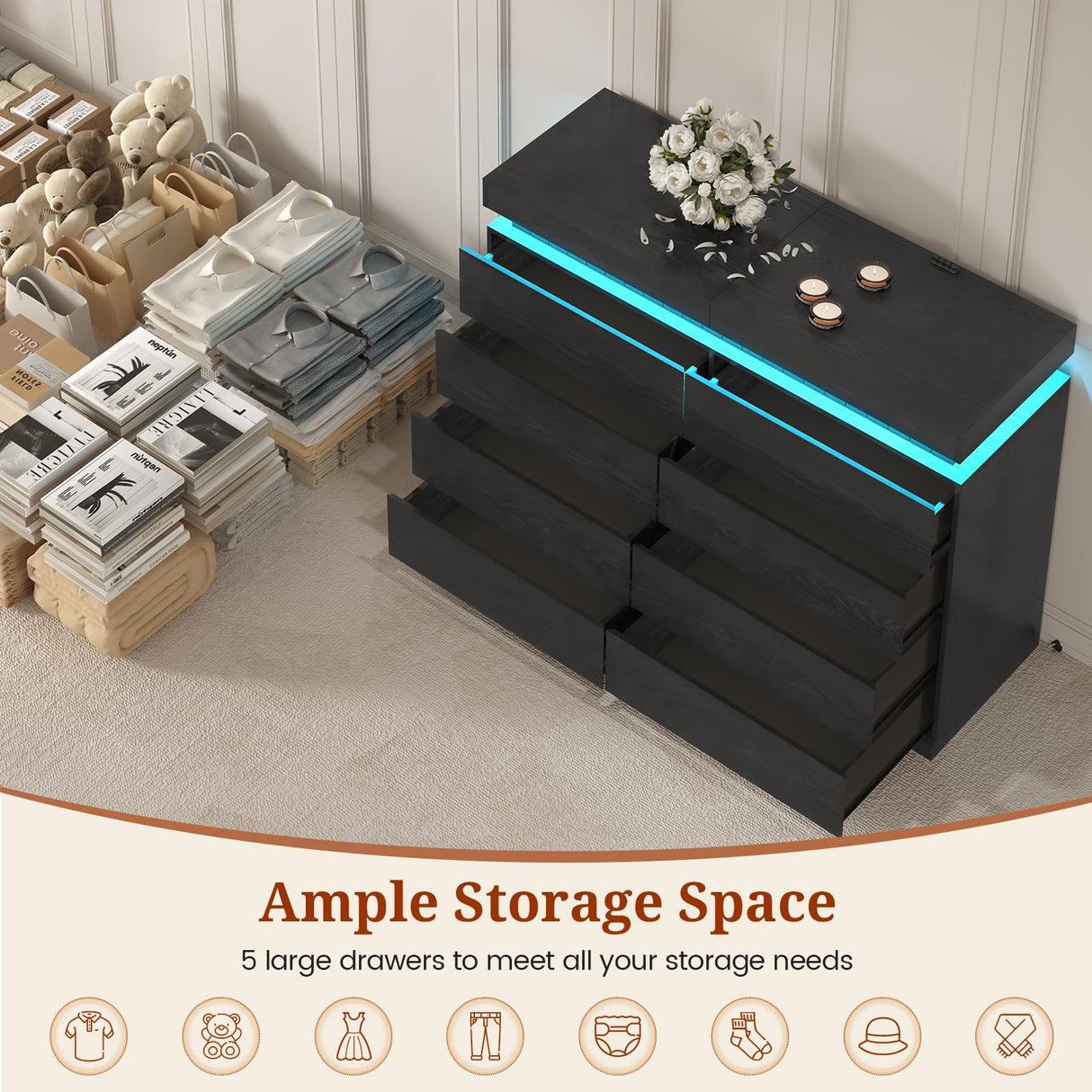 UPOSOJA Tall Black Dresser for Bedroom, Modern 8 Wood Drawers with LED Light and Power Outlet, Floating Dressers for Closet, Large Chest of Drawer for Living Room, Hallway, Entryway (8 Drawers,Black) UPOSOJA