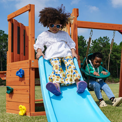 Dolphin Playground 5-in-1 Toddler Swing Sets for Backyard, Toddler Outdoor Playset with Baby Swing, Table, Blackboard, Kid Slide, Rock Climbing Wall, Playground Sets for Backyards Ages 18 mo  - WoodArtSupply