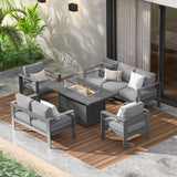 Wisteria Lane 7 Seats Aluminum Outdoor Patio Furniture Set with 54 Inch Propane Gas Fire Pit Table, Modern Patio Conversation Sets with Outdoor Sectional Couch for Backyard, Garden, Dark Grey Wisteria Lane