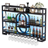3-Tiers 47in Wine Rack Wall Mounted with LED Light, Floating Bar Shelves for Liquor Bottles Metal Industrial Display Shelf for Home Kitchen Bar Cafe Decoration, No Assembly Required Boshen