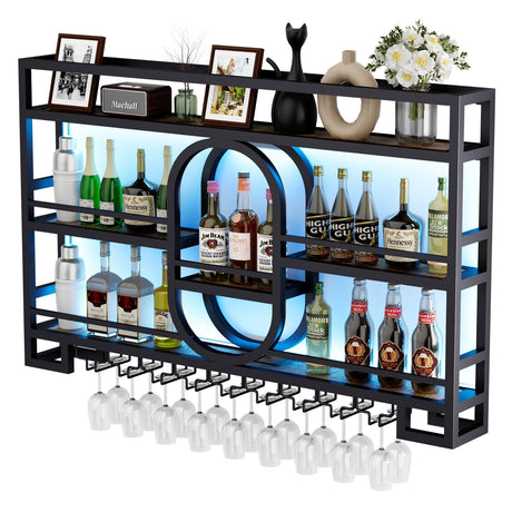 3-Tiers 47in Wine Rack Wall Mounted with LED Light, Floating Bar Shelves for Liquor Bottles Metal Industrial Display Shelf for Home Kitchen Bar Cafe Decoration, No Assembly Required Boshen