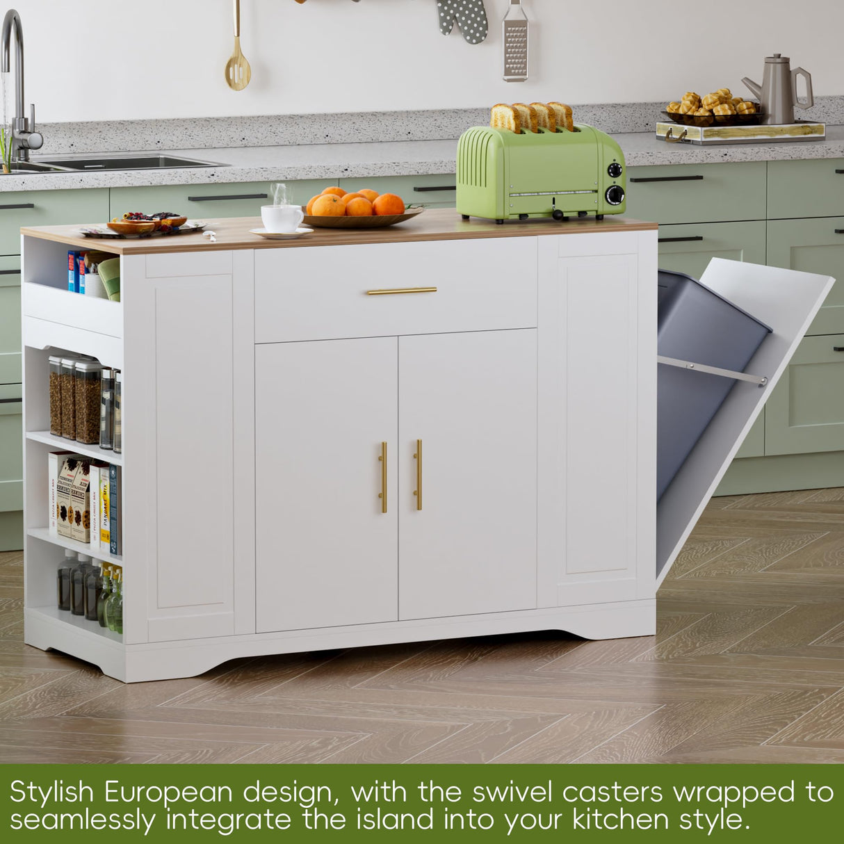 VALONDINO 46.5" Modern Kitchen Island with Trash Can Storage Cabinet, Rolling Kitchen Island Cart on Wheels with Open Side Shelves & Drawers, Storage Cabinet with Inner Adjustable Shelves, White-1 VALONDINO