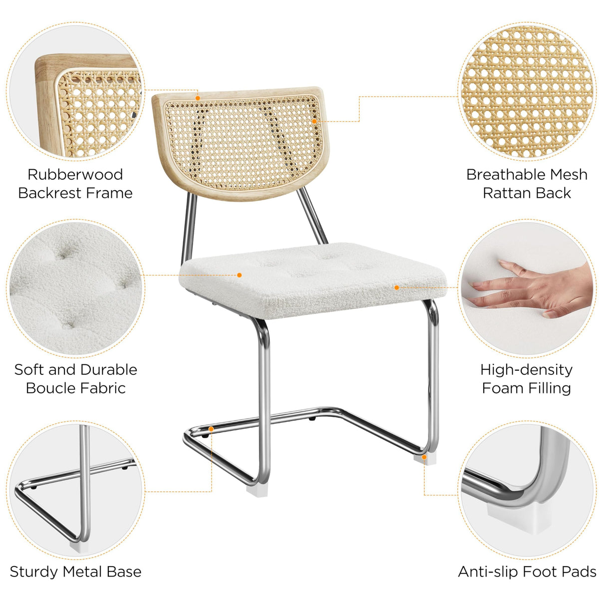 Yaheetech Rattan Dining Chairs Set of 2 Dining Room Chairs Mid Century Modern Kitchen Chairs with Metal Legs and Upholstered Seat for Home Kitchen Living Room, Boucle Fabric, White Yaheetech