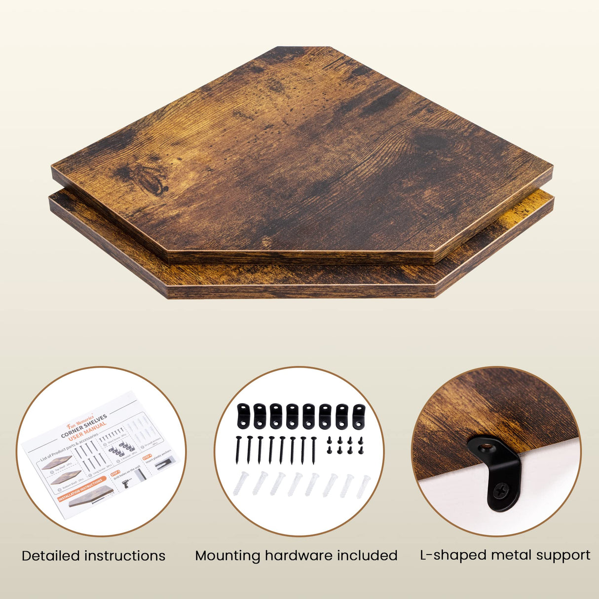 Corner Shelf Wall Mount, Corner Floating Shelves, Set of 2 Corner Wall Shelf Organizer, Rustic Wood Wall Storage Display Shelves for Living Room Bedroom Bathroom Kitchen, Rustic Brown Fun Memories