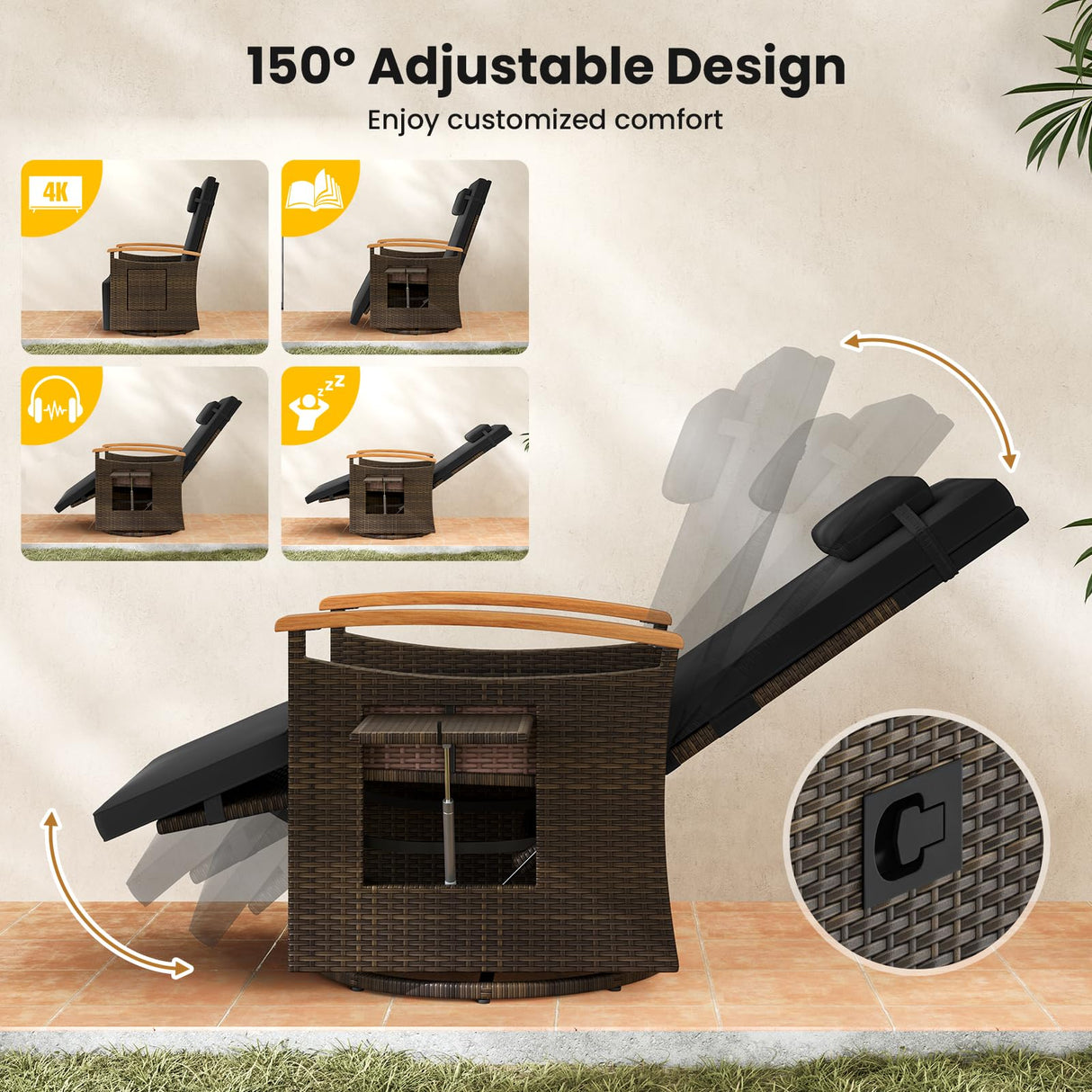 Tangkula Patio Rattan 360 Degree Swivel Recliner Chair, Wicker Lounge Chair w/Adjustable Backrest & Footrest, Cushioned Push Back Reclining Seat w/Flip Side Table for Porch, Yard, Lawn (1, Black) Tangkula