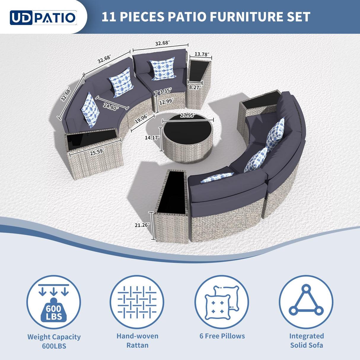 UDPATIO Patio Furniture Set Integrated Outdoor Sectional 11 Pieces Grey Rattan Modular Curved Sofa Set with Wicker Round Coffee Table,Side Table,6Pillows,Fit for Backyard,Pool,Balcony,Sunroom(Blue) UDPATIO