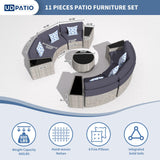 UDPATIO Patio Furniture Set Integrated Outdoor Sectional 11 Pieces Grey Rattan Modular Curved Sofa Set with Wicker Round Coffee Table,Side Table,6Pillows,Fit for Backyard,Pool,Balcony,Sunroom(Blue) UDPATIO