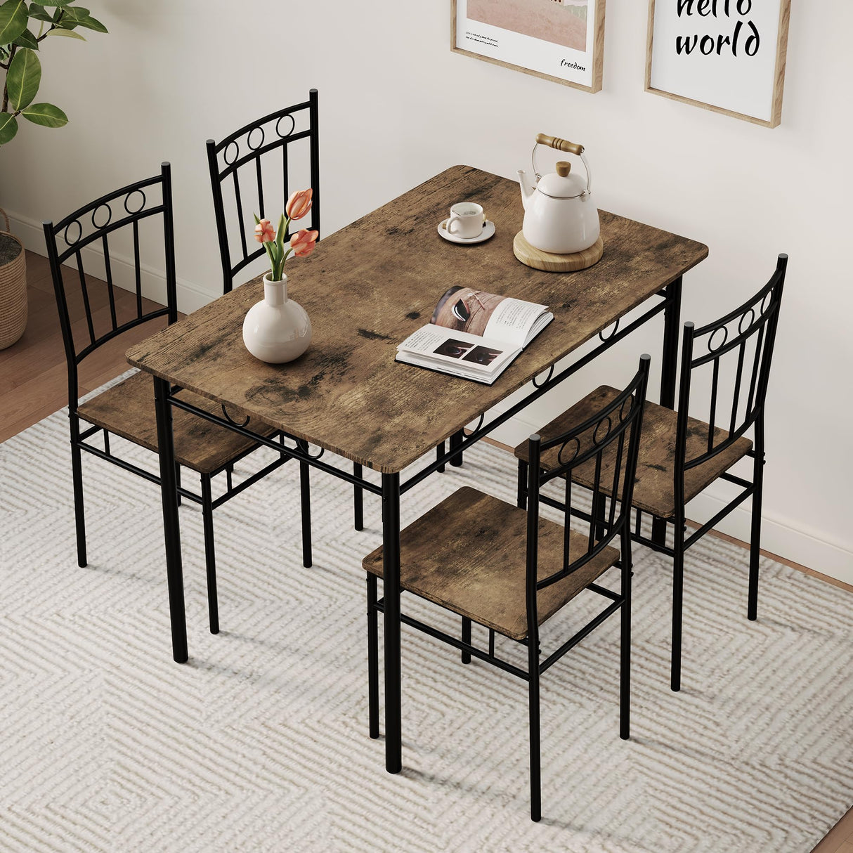 Vipbear Kitchen Dining Table Set for 4, 5-Piece Kitchen Table Set,Dining Room Table Sets,Rectangular Kitchen Table Set with 4 Chairs for Small Space, Dinette,Apartment, Rustic Brown Vipbear