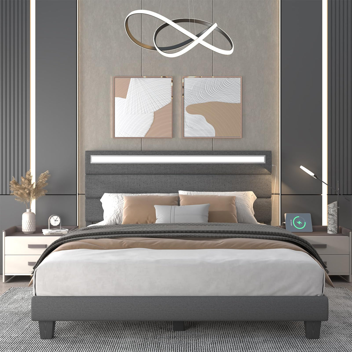 Benevika Queen Size Bed Frame with Charging Station and LED Lights, Modern Upholstered Bed Frame with Headboard, Linen Fabric Beds, Wood Slats, No Box Spring Needed, Easy Assembly, No Noise, Grey Benevika
