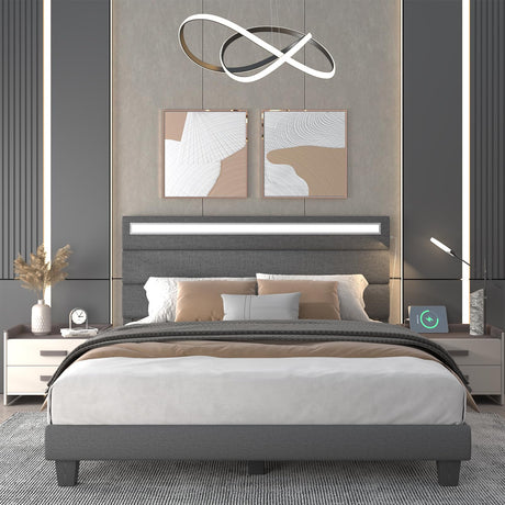 Benevika Queen Size Bed Frame with Charging Station and LED Lights, Modern Upholstered Bed Frame with Headboard, Linen Fabric Beds, Wood Slats, No Box Spring Needed, Easy Assembly, No Noise, Grey Benevika