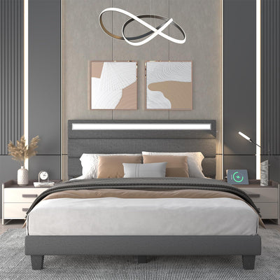 Benevika Queen Size Bed Frame with Charging Station and LED Lights, Modern Upholstered Bed Frame with Headboard, Linen Fabric Beds, Wood Slats, No Box Spring Needed, Easy Assembly, No Noise, Grey