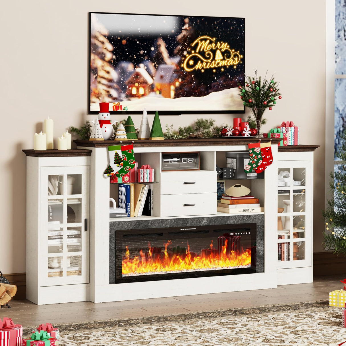 85" Electric Fireplace with Mantel, Fireplace TV Stand w/ 42" Electric Fireplace for 65 Inch TVs with Power Outlets, Farmhouse Entertainment Center with Storage for Living Room, Bedroom, Antique White Hlivelood