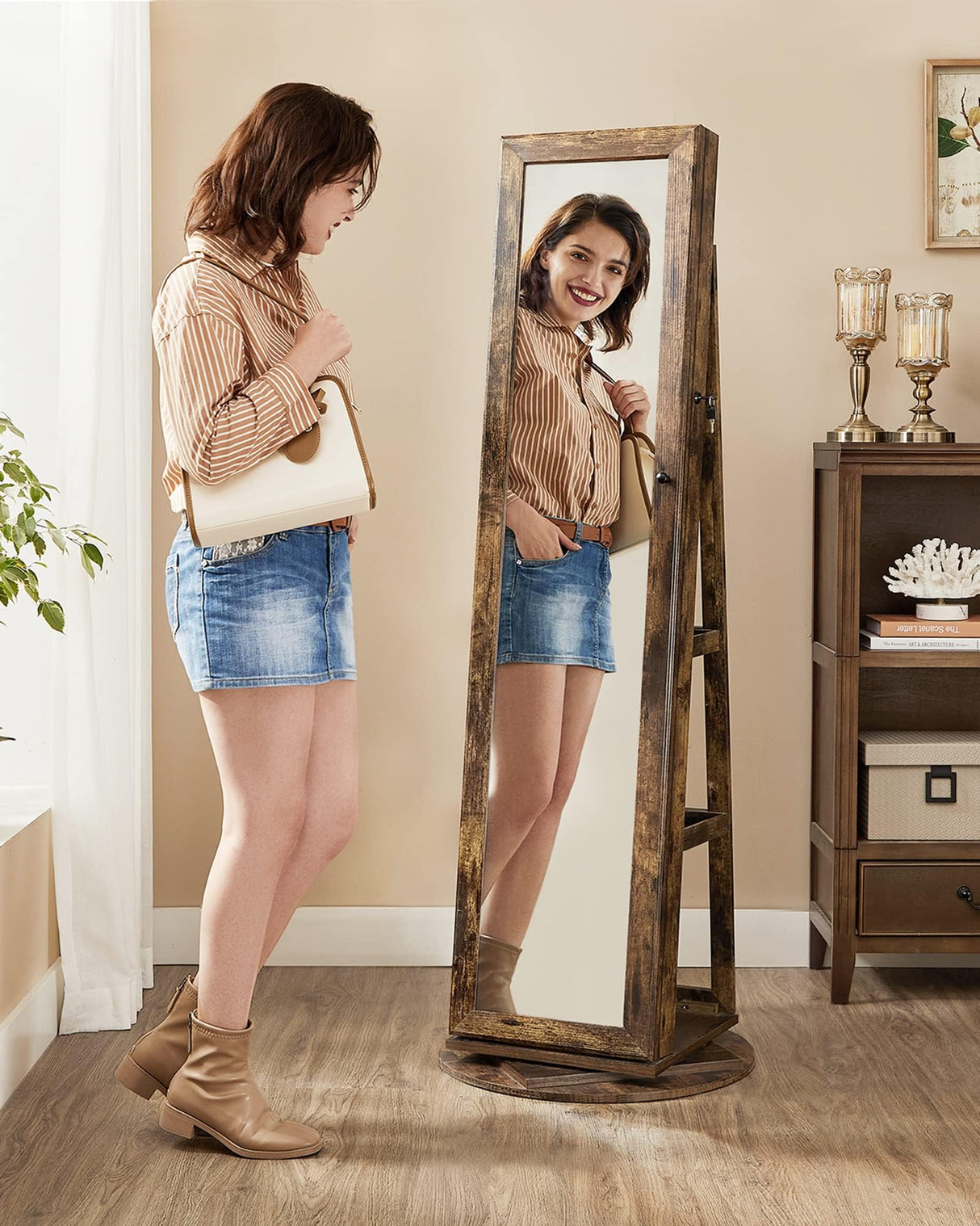 SONGMICS 360° Swivel Jewelry Cabinet, Lockable Jewelry Organizer with Full-Length Mirror, Rear Storage Shelves, Interior Mirror, Jewelry Armoire, Gift Idea, Rustic Brown UJJC006X01 SONGMICS