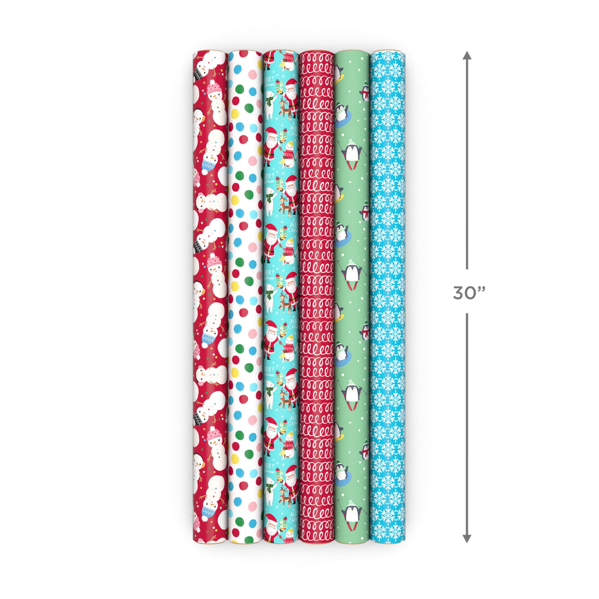 Hallmark Kids Christmas Wrapping Paper Rolls with Cutlines on Reverse (6 Rolls: 180 Sq. Ft. Total) Snowman, Snowflakes, Penguins, Santa Claus Hallmark