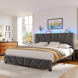 EnHomee King Size Bed Frame with Velvet Headboard and LED Lights, Storage Headboard Platform Bed with Charging Station, Sturdy Wooden Slats Support,Noise-Free,Easy Assembly, Dark Gray EnHomee