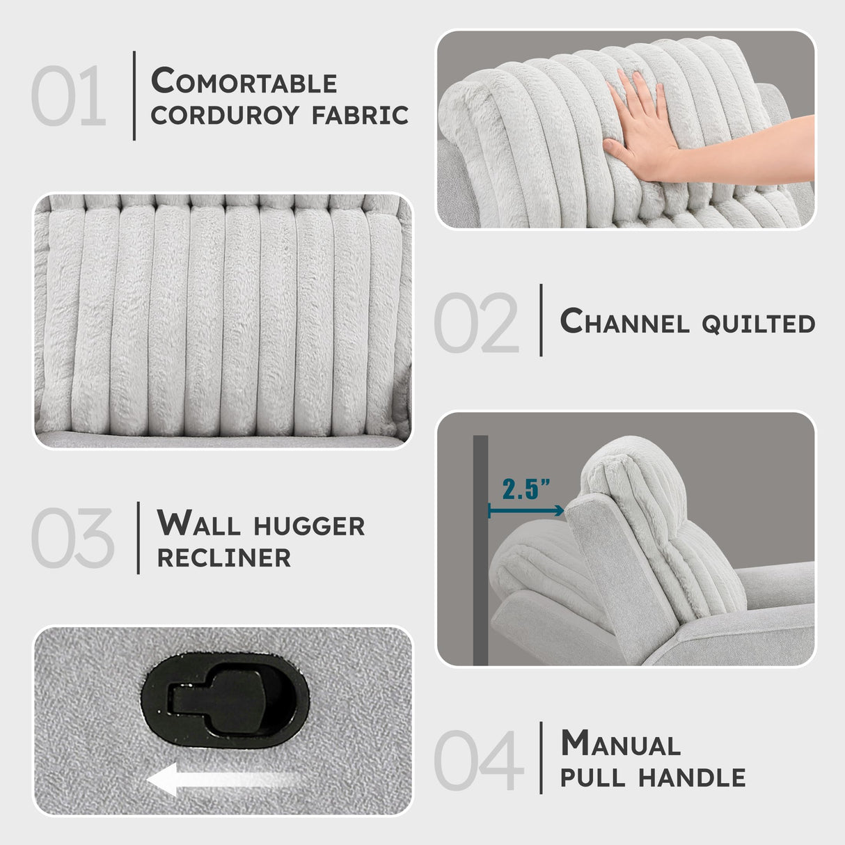 Lexicon Modern Double Recliner Loveseat with Center Console, Manual Wall Hugger Textured Microfiber Love Sac Couch, Plush Corduroy Channel Seat Back, Manual Recliner Loveseat, Light Gray Lexicon