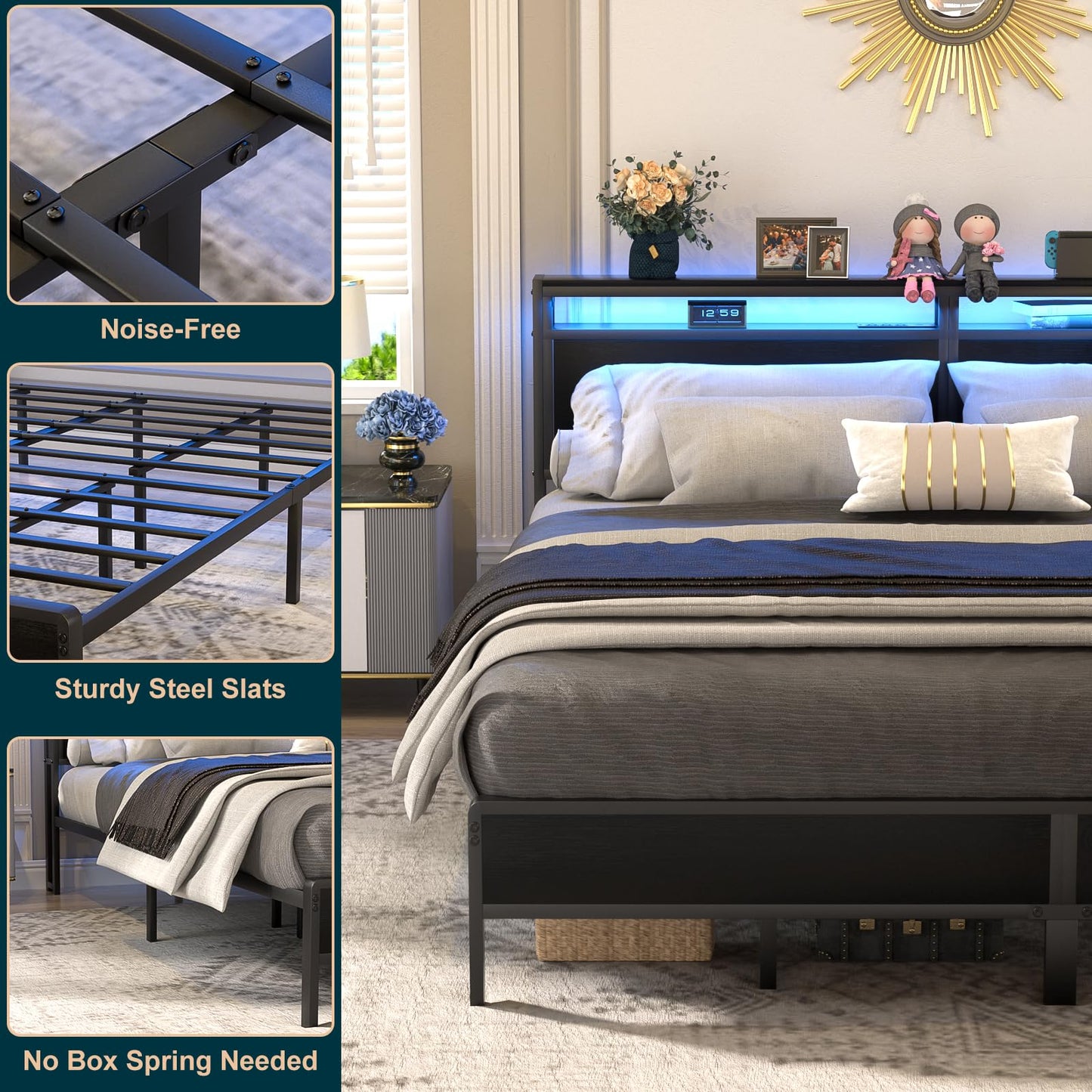 Homieasy Industrial King Size Bed Frame with Smart Charging Station and LED Lights - WoodArtSupply