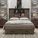 Rustic HOWE Full Size Wood Platform Bed with Bookcase Headboard and Storage Drawers HOWE