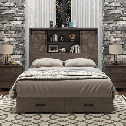 Rustic HOWE Full Size Wood Platform Bed with Bookcase Headboard and Storage Drawers - WoodArtSupply