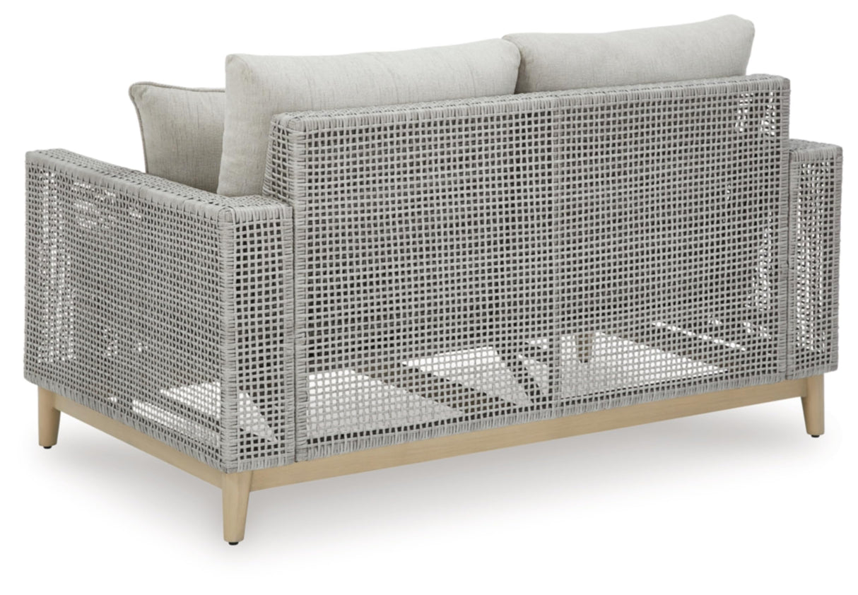 Signature Design by Ashley Seton Creek Cottage Weather Resistant Outdoor Loveseat with Cushion and 2 Throw Pillows, Light Brown & Light Gray Signature Design by Ashley
