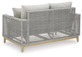 Signature Design by Ashley Seton Creek Cottage Weather Resistant Outdoor Loveseat with Cushion and 2 Throw Pillows, Light Brown & Light Gray Signature Design by Ashley