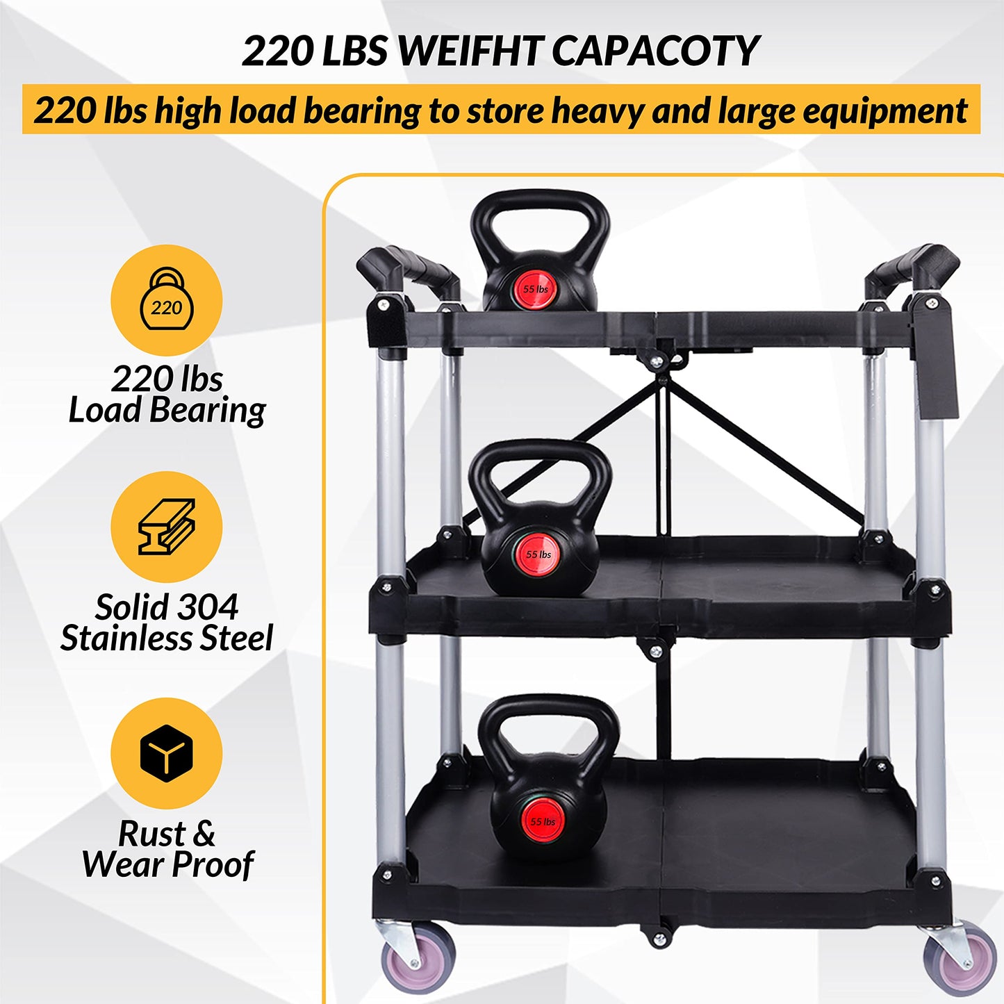 ELEVON Portable Folding Collapsible Service Cart Foldable Service Cart 3 Tier Collapsible Push Cart Folding Utility Carts with Wheels for Office Warehouse Home, Black