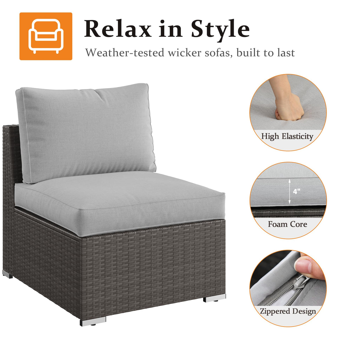 Wisteria Lane 2 Pieces Patio Furniture Sets, Outdoor Sectional Furniture with Armless Sofa, Tempered Glass Table and Cushion, Patio Conversation Sets for Garden Backyard, Grey Wisteria Lane