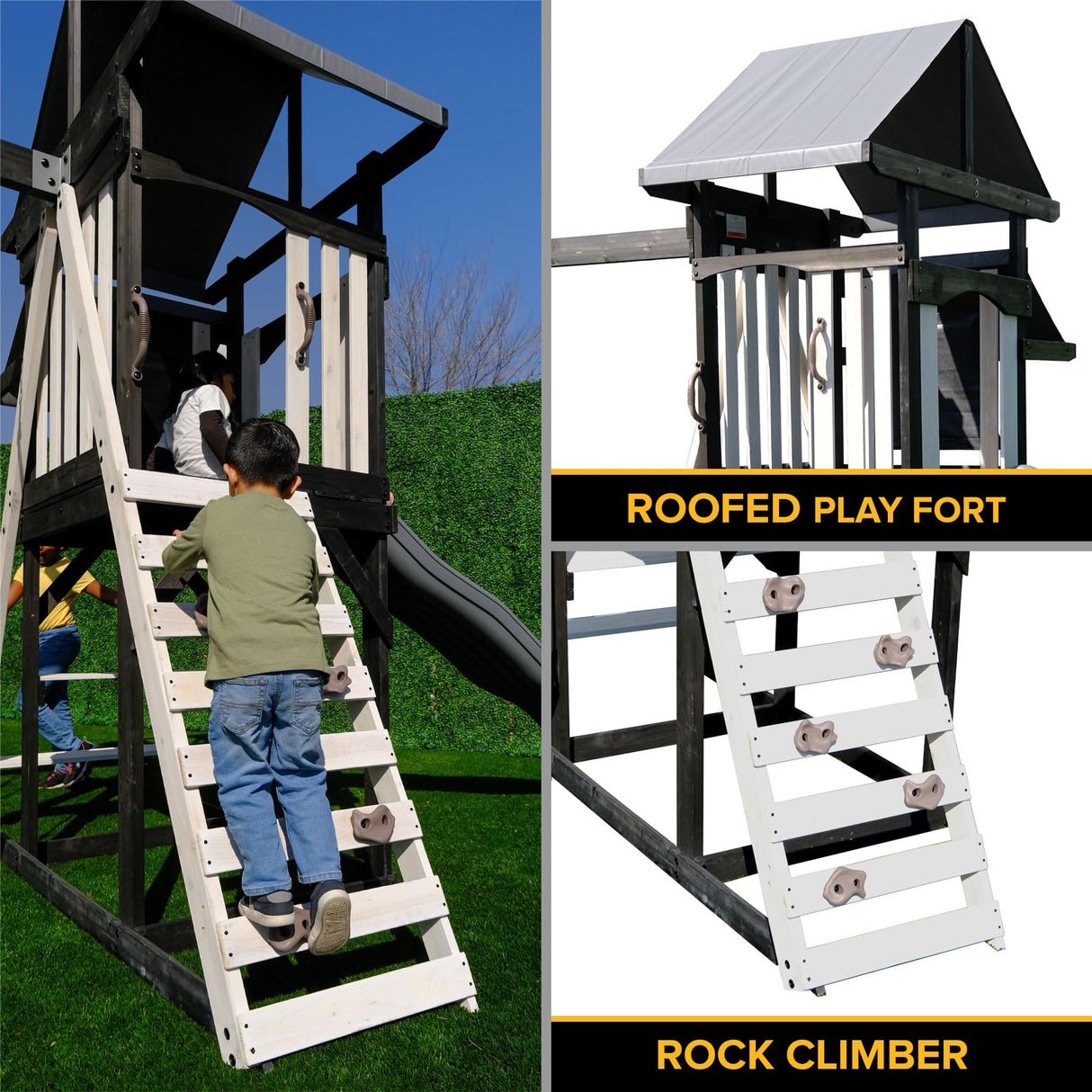 Sportspower Roswell Wooden Swing Set: Play Fort, Bench with Table, Sandbox, Trapeze, and 8' Slide - Black, Green and White Sportspower