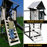 Sportspower Roswell Wooden Swing Set: Play Fort, Bench with Table, Sandbox, Trapeze, and 8' Slide - Black, Green and White Sportspower