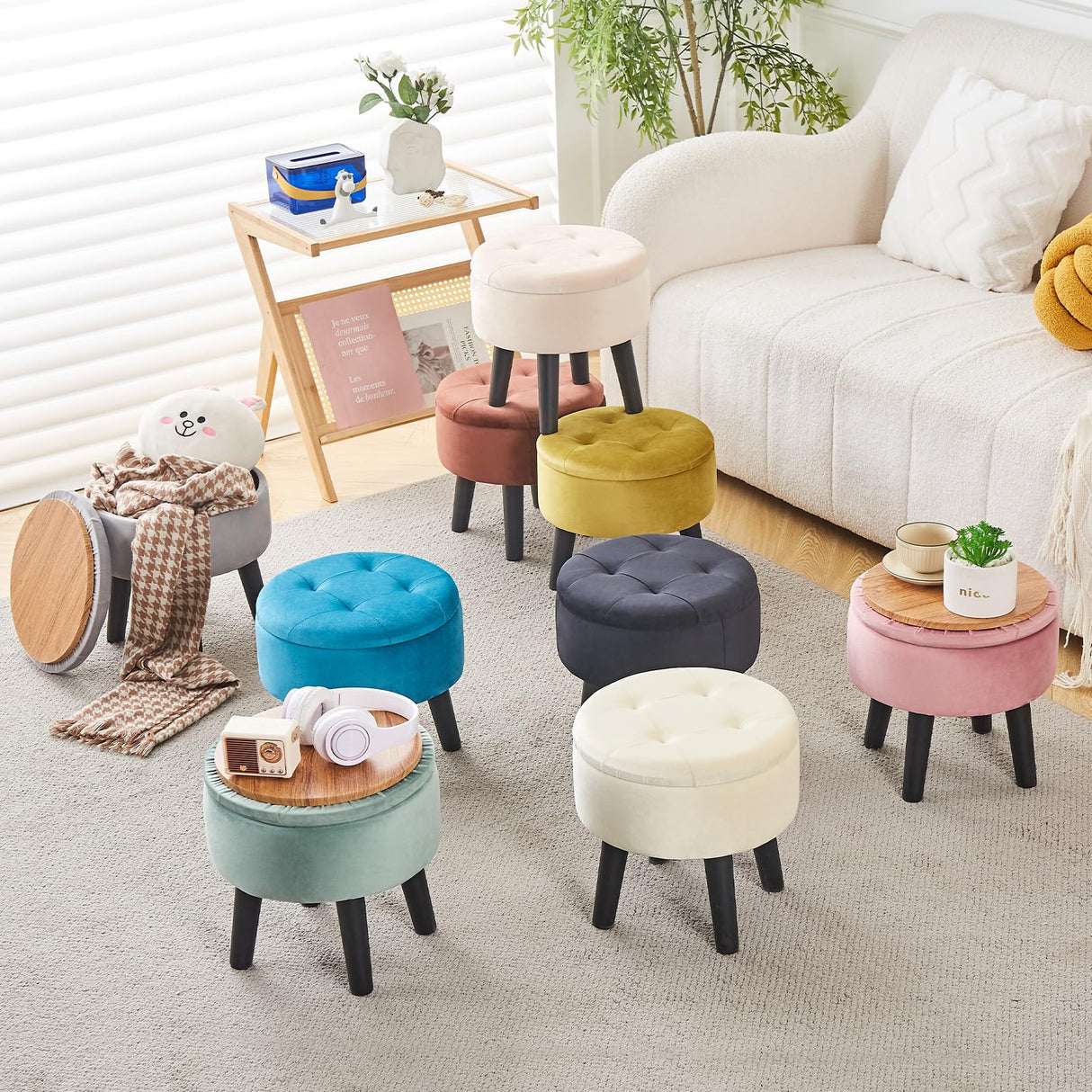 Cpintltr Storage Ottoman Footstool Round Footrest with Removable Lid Soft Padded Foot Stool with Solid Wood Legs Side Table with Storage Step stool Extra Seating for Hallway Living Room Bedroom Coffee Cpintltr