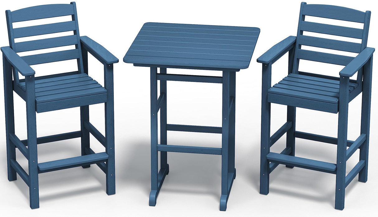 SERWALL Blue Adirondack Bar Chair and Table Set – 3-Piece Outdoor Stools for Patio and Backyard SERWALL