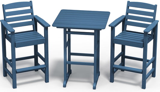 SERWALL Blue Adirondack Bar Chair and Table Set – 3-Piece Outdoor Stools for Patio and Backyard