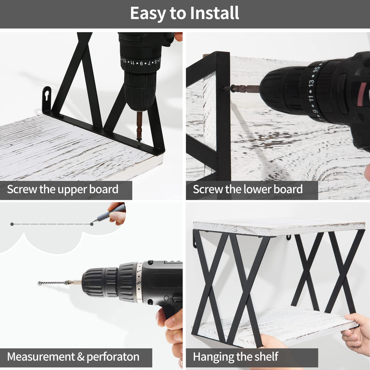Sapowerntus Floating Nightstand Shelves Wall Mounted, 2 Tier Bedside Table for Bedroom, Rustic White Wood Basket Box Shelf with X Mental Bracket, Small Storage Decor in Bathroom Living Room Sapowerntus