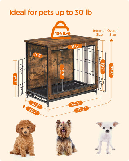 Feandrea Dog Crate Furniture, Side End Table, Modern Kennel for Dogs Indoor up to 30 lb, Heavy-Duty Dog Cage with Multi-Purpose Removable Tray, Double-Door Dog House, Rustic Brown UPFC001X01 - WoodArtSupply