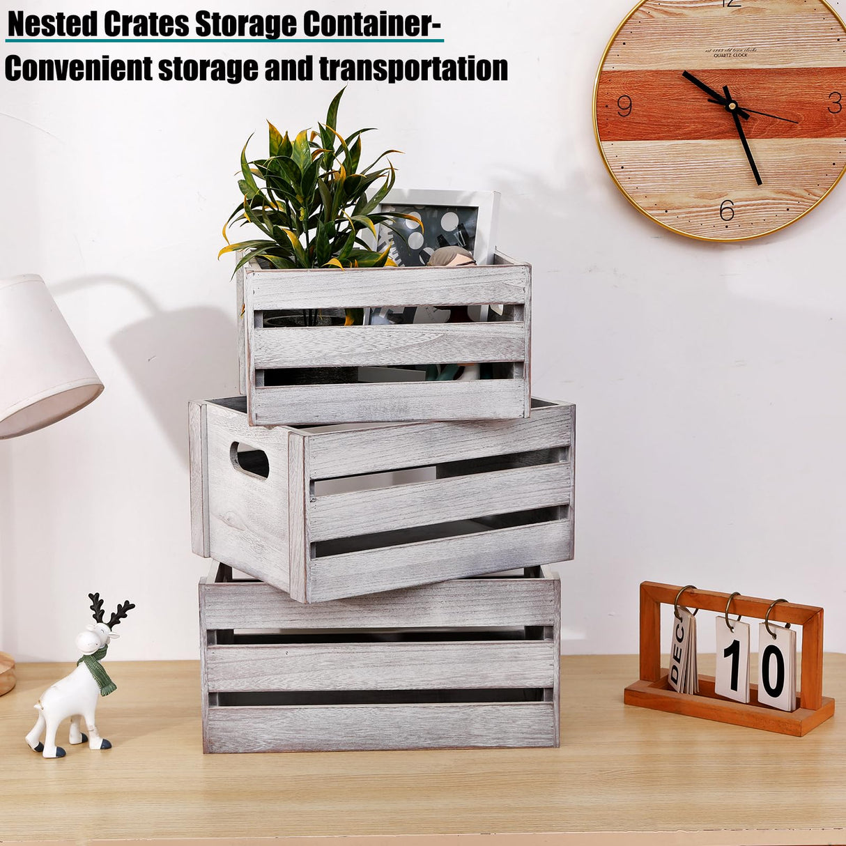 LKMANY Decorative Wood Crates Nesting Crates Storage Container,Rustic Wooden Crates for Storage, Display, Decor, Boxes-Nature Rustic White Set of 3 LKMANY