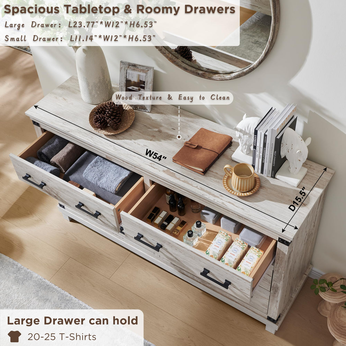 Farmhouse 7 Drawers Dresser for Bedroom, Wood Large Chest of Drawers with Thick Plank Styling, Rustic Closet Dresser for Bedroom, Living Room, Antique Brush White RedLemon