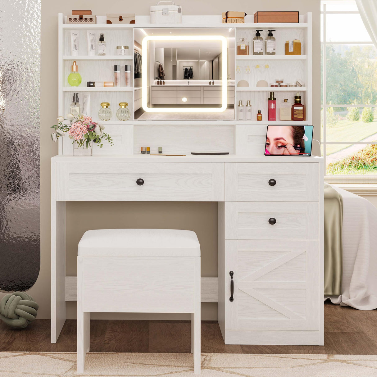 IRONCK Vanity Desk with LED Lighted Mirror, Large Storage Makeup Vanity Table with 5 Drawers, Cabinet, 7 Open Shelves, Power Outlet, Storage Stool, Bedroom, White IRONCK