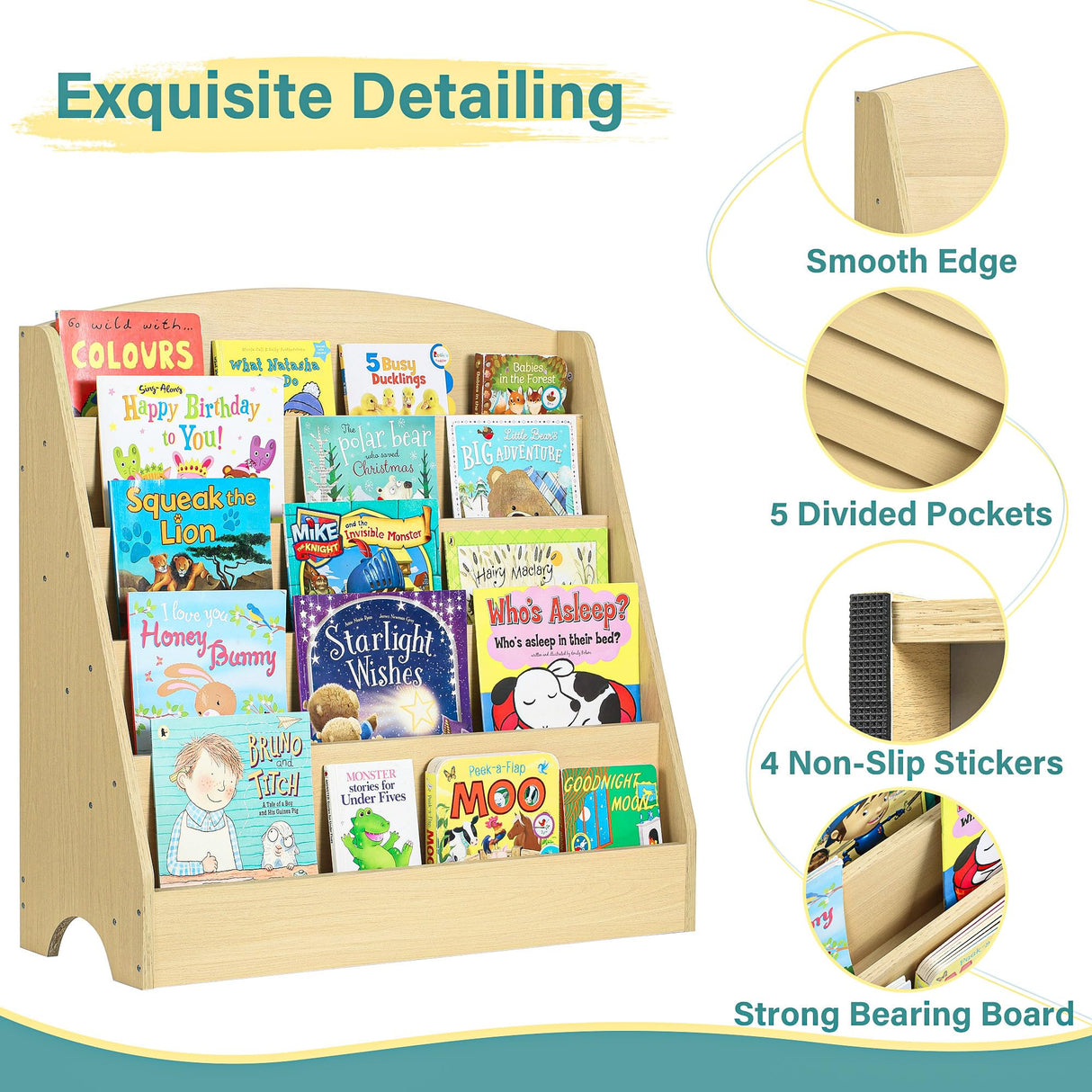 TOETOL 5-Tier Kids Bookshelf - Toddler Book Display Shelves for Classrooms, Playrooms, and Nursery - Wooden Children Book Rack (Natural) TOETOL