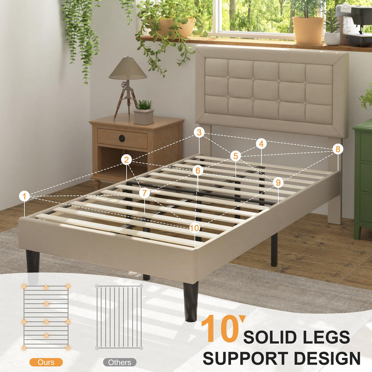 VECELO Twin Size Bed Frame with Adjustable Headboard, Upholstered Button Tufted Platform Bedframe with Wood Slats Support, No Box Spring Needed, Beige VECELO