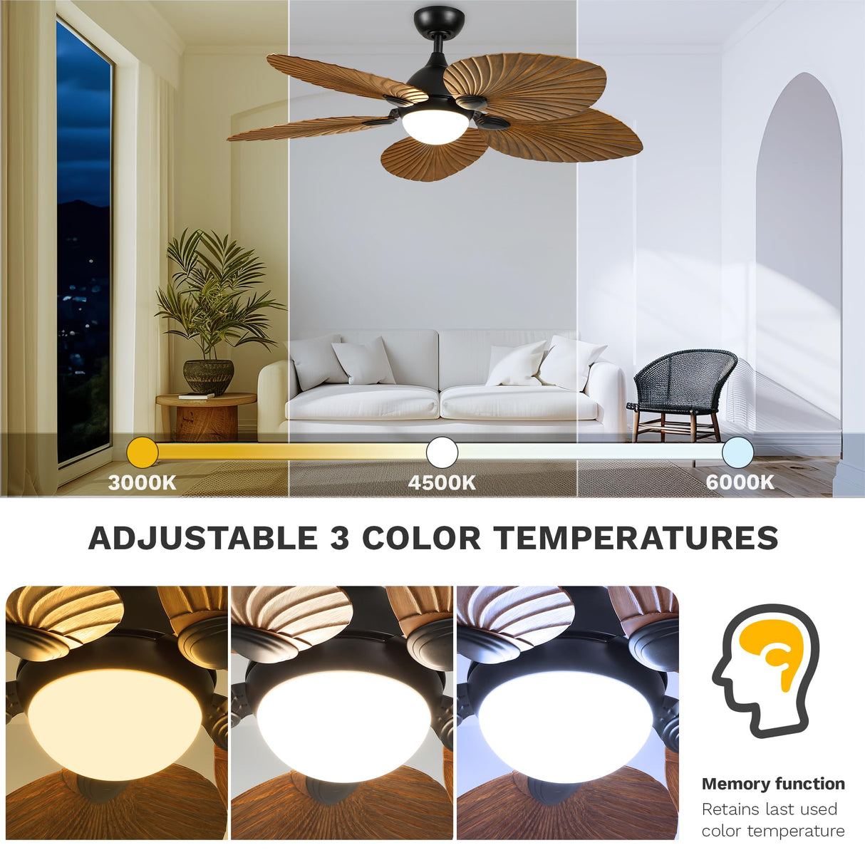 DWVO 52" Tropical Ceiling Fan with Light & Remote, LED Tri-Color Temperature, 5 Blade Ceiling Fans Reversible 6 Speeds w/Quiet DC Motor for Bedroom, Living Room, Dining Room, Patio DWVO