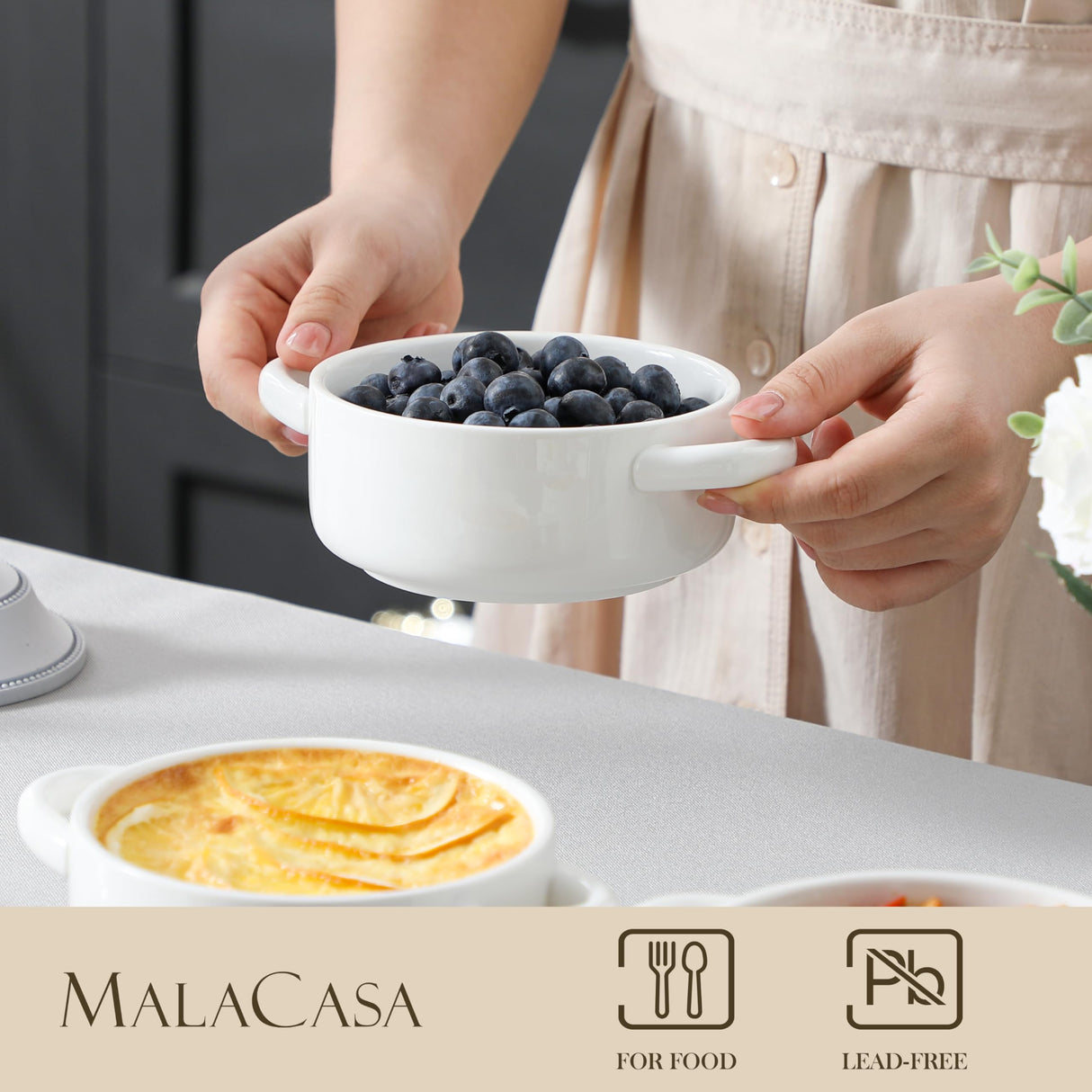 MALACASA Mini Cocotte Set - 14 OZ Small Casserole Dishes with Lids and Handles, Ceramic Mini Dutch Oven Set of 4, Small Baking Ramekins for Lasagna, Soufflé, Oven, Microwave & Dishwasher Safe, Series BAKE.BAKE MALACASA