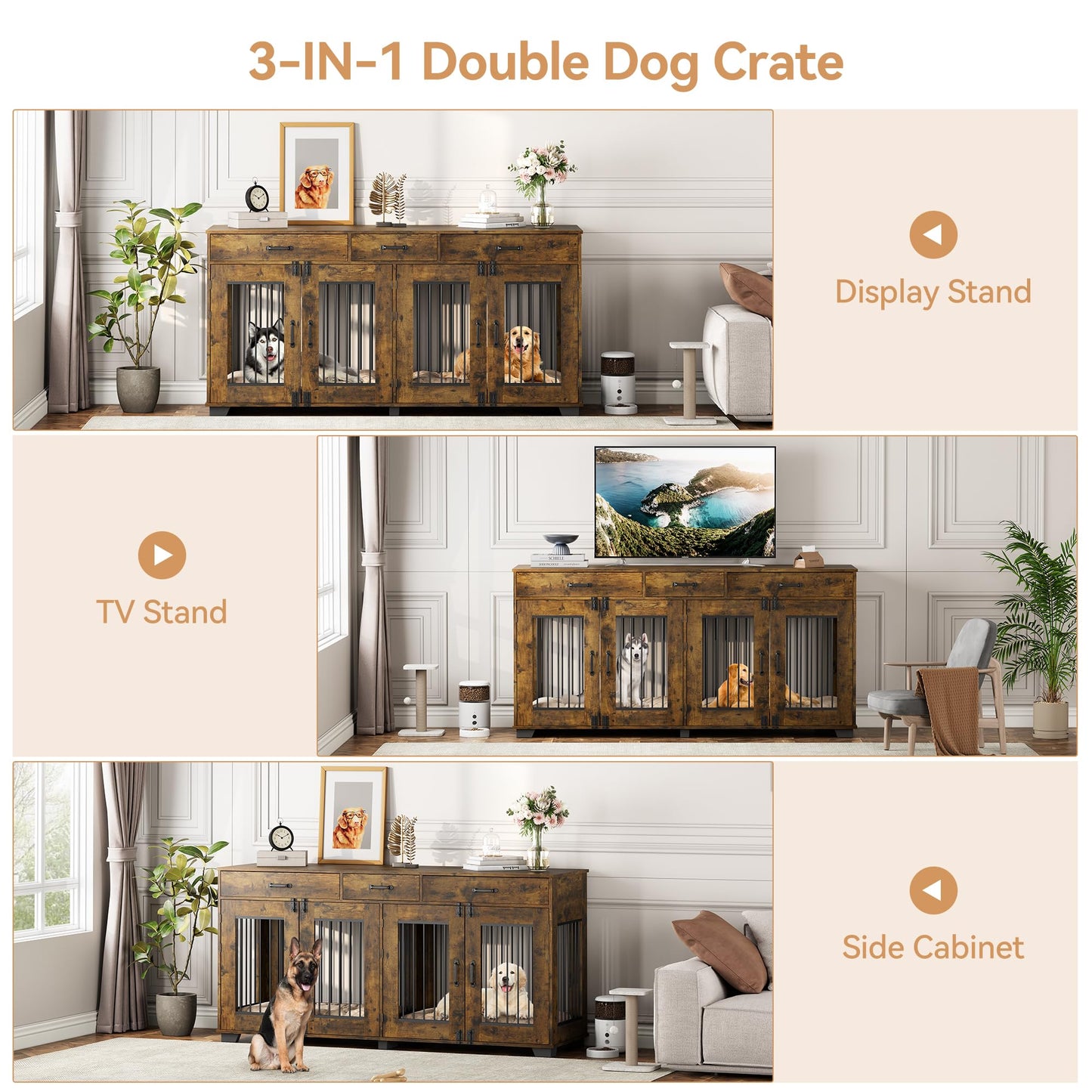 71'' Dog Crate Furniture for 2 Dogs, Wooden Double Dog Crate with 3 Drawers and Removable Room Divider, XXL Indoor Dog Kennel TV Stand End Table with Double Doors for Large Medium Dogs, Rustic Brown