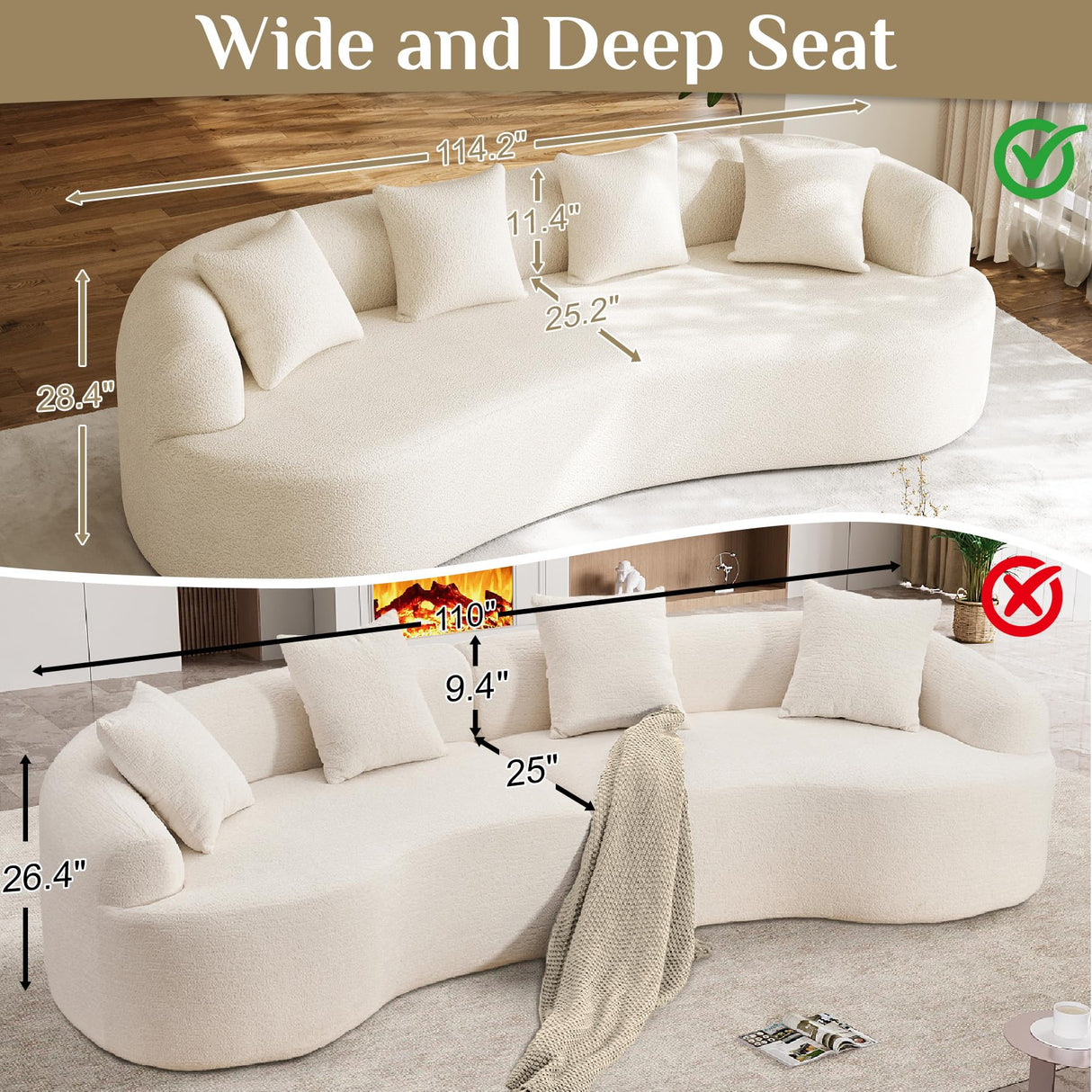 114" Oversized Sectional Sofa for Living Room, Modern Luxury Plush Chenille 4-Seater Extra Deep & Wide Seat Curved Cloud Couch with 4 Throw Pillows, No Assembly Needed, Cream White DAMAIFROM