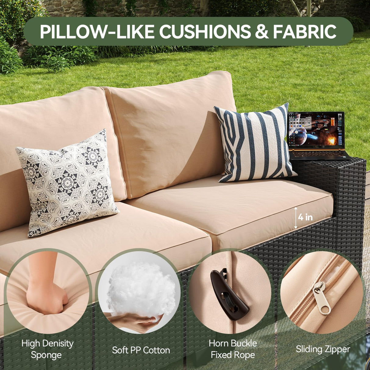 Aoxun Patio Furniture Set with 44'' Fire Pit Table, 7 Pcs Outdoor Patio Furniture Sets with 4in Thicken Cushion, Widen Armrests Wicker Outdoor Sectional for Backyard Aoxun