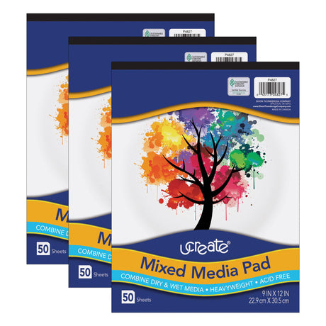 UCreate Mixed Media Pad, 9" x 12", 50 Sheets, Pack of 3 UCREATE
