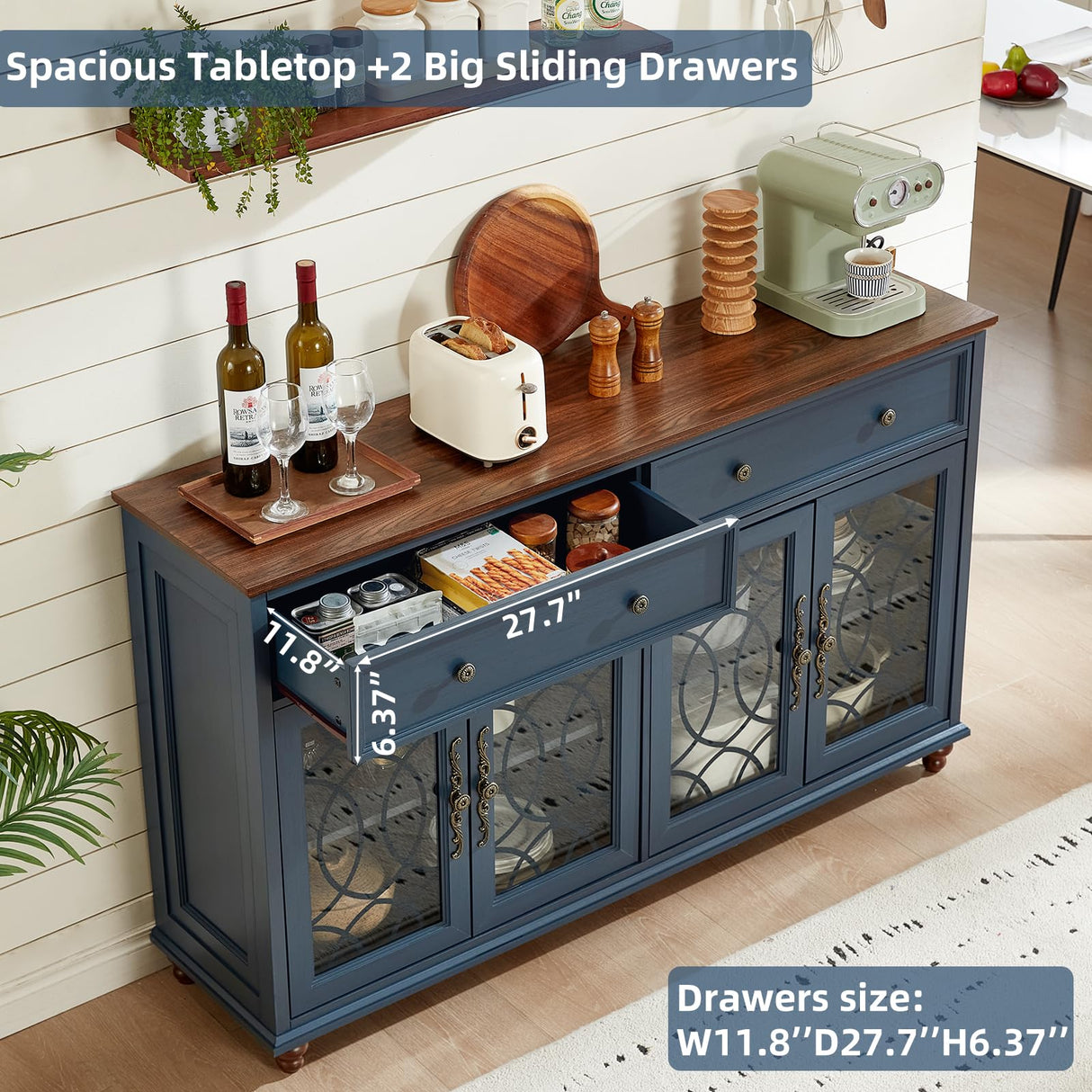 Joaxswe Farmhouse Sideboard Buffet Cabinet with Storage,59" Large Credenza with 4 Glass Doors & 2 Drawers,Adjustable Shelves Console Table,Wood Kitchen Coffee Bar for Dining Room,Living Room,Navy Blue Joaxswe